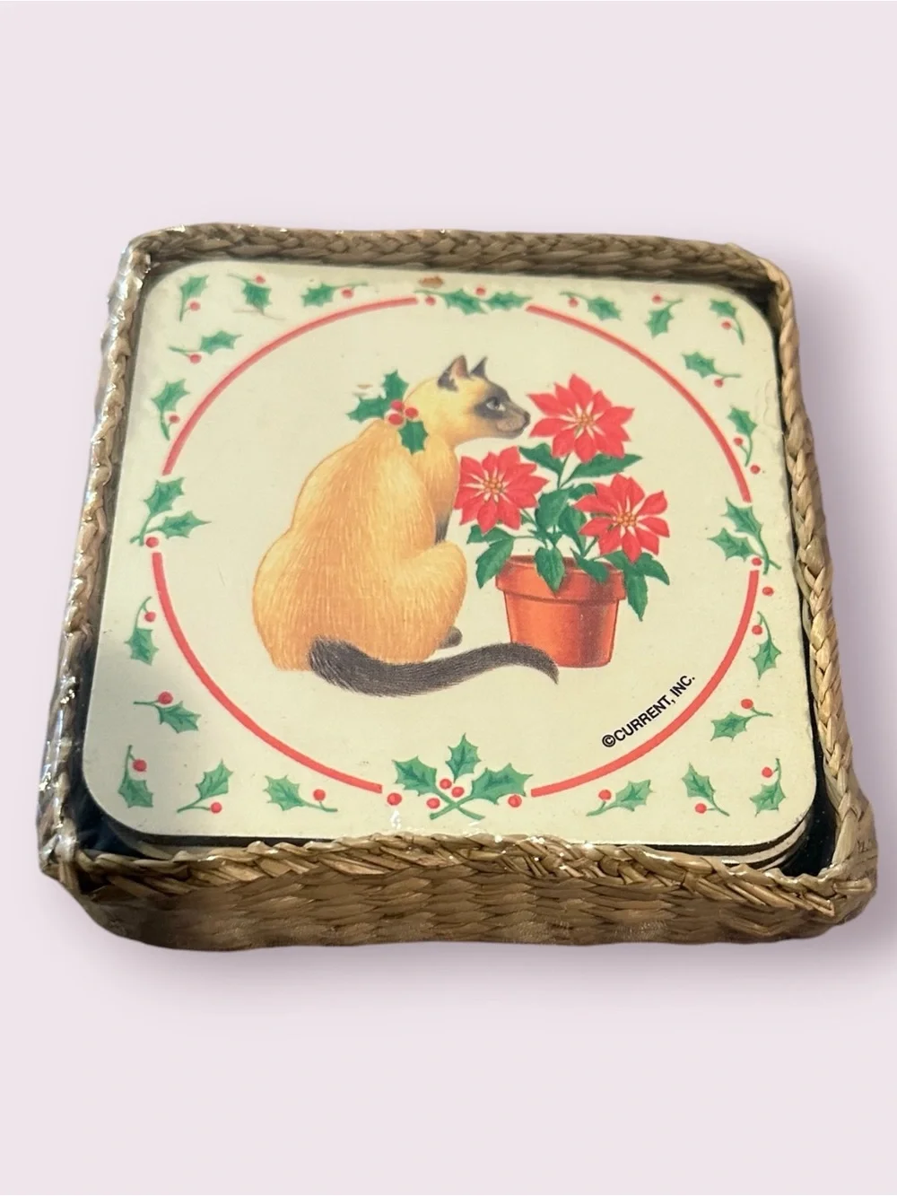 Vintage 1992 Christmas Cat Coasters Set of 6 In Wicker Holder Holiday Decor